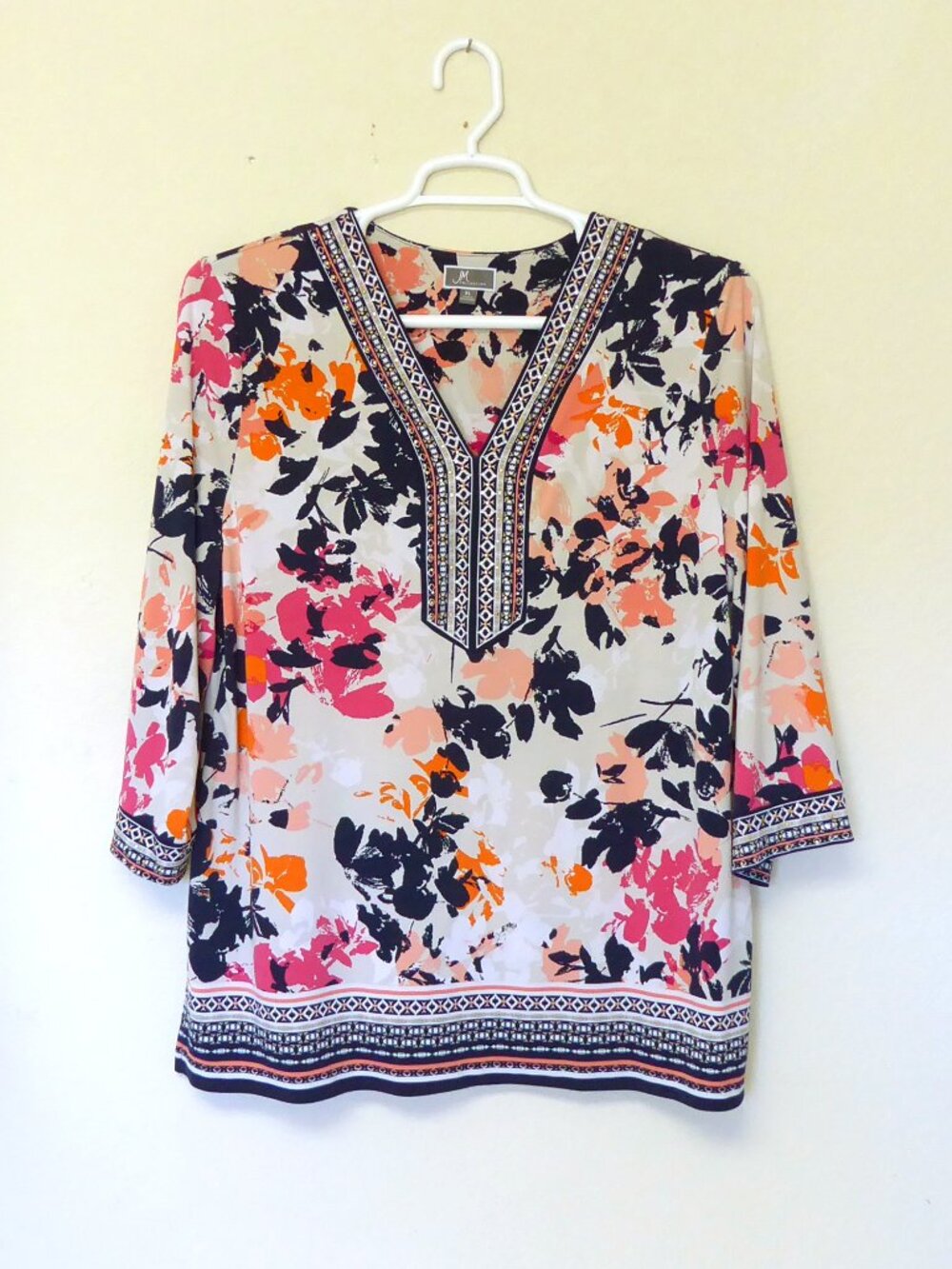 JM Collection navy blue pink gray peach floral gold rhinestone tunic size XL